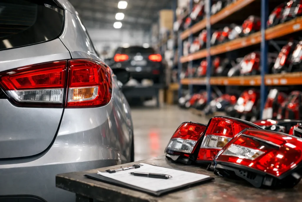 Lanterna traseira automotiva instalada em carro com peças novas em bancada, destacando qualidade e confiabilidade na reposição de lataria automotiva
