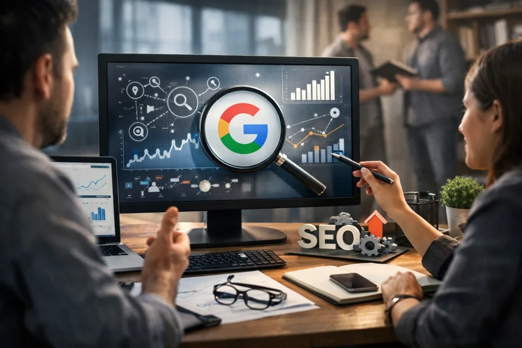 Desvendando o Algoritmo do Google: O que Realmente Importa para Ranqueamento: Por que contar com agências de SEO faz a diferença Especialistas analisando o algoritmo do Google em tela com gráficos de SEO, representando estratégias de ranqueamento e otimização de sites