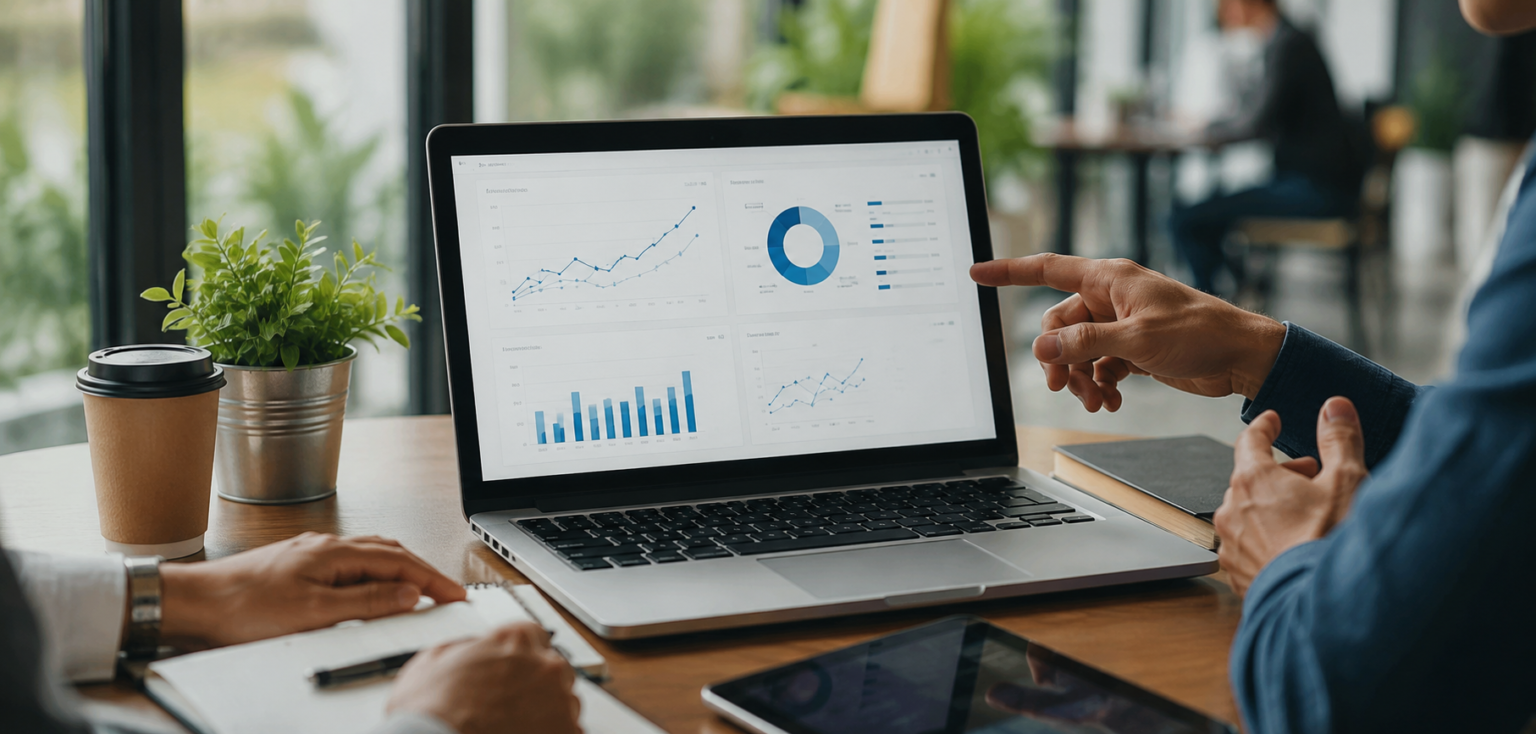 Profissionais analisando métricas de desempenho e conversão em notebook durante reunião estratégica, representando ações para aumentar pedidos de orçamento, gerar leads qualificados e transformar visitantes do site em oportunidades reais de negócio.