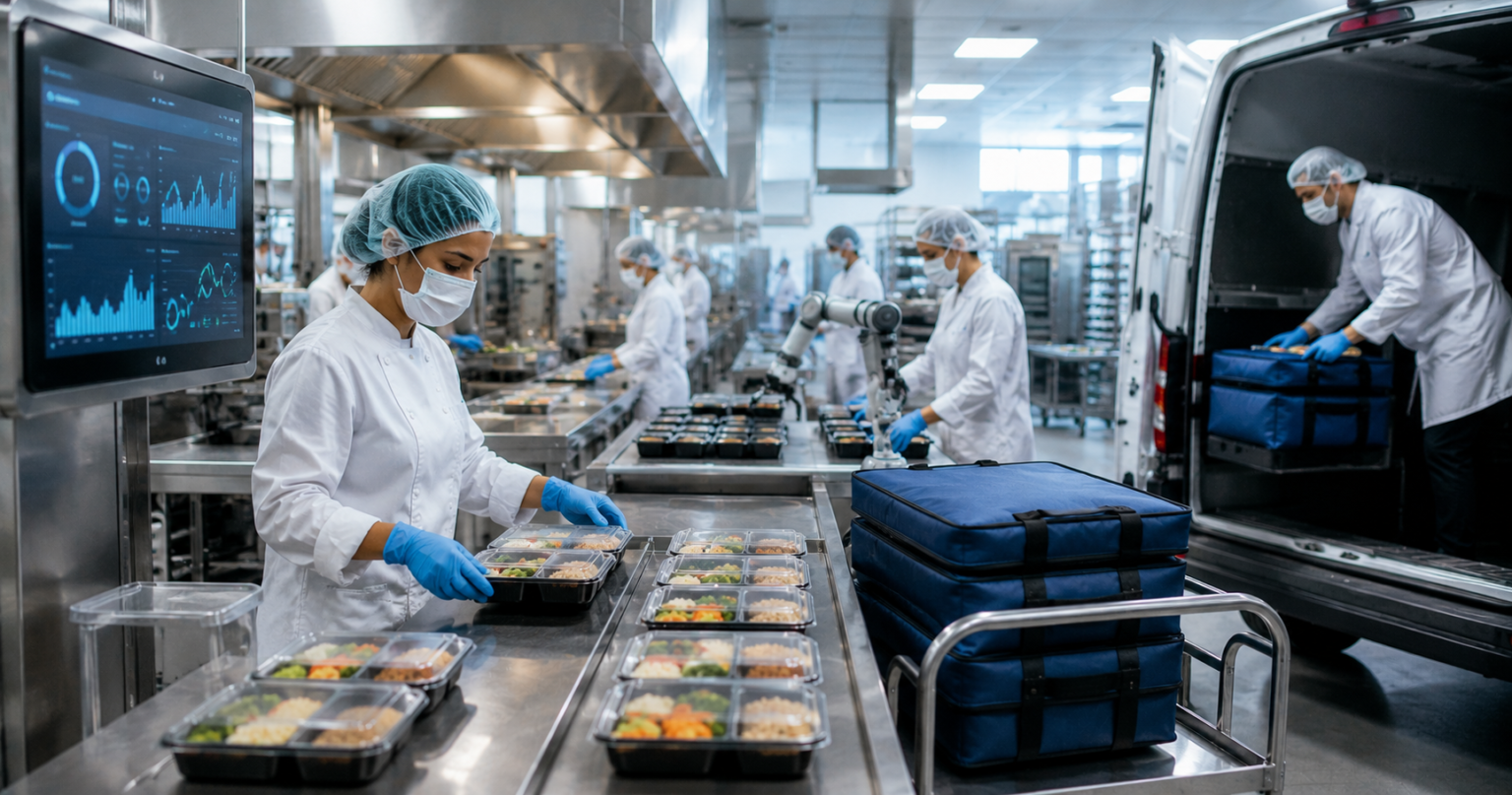 Ambiente moderno de cozinha industrial com tecnologias automatizadas para preparo e embalagem de refeições prontas, integrado a um sistema logístico eficiente para distribuição e entrega em larga escala.