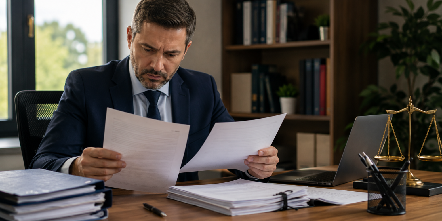 Servidor público ou gestor analisando documentos relacionados à tomada de contas especial em escritório, revisando informações e prazos após receber uma notificação oficial.
